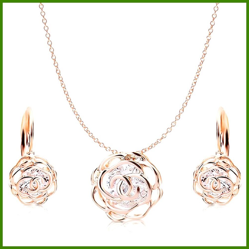 18K Gold Plated Crystal Roses Jewelry Set Necklace Earrings Wedding